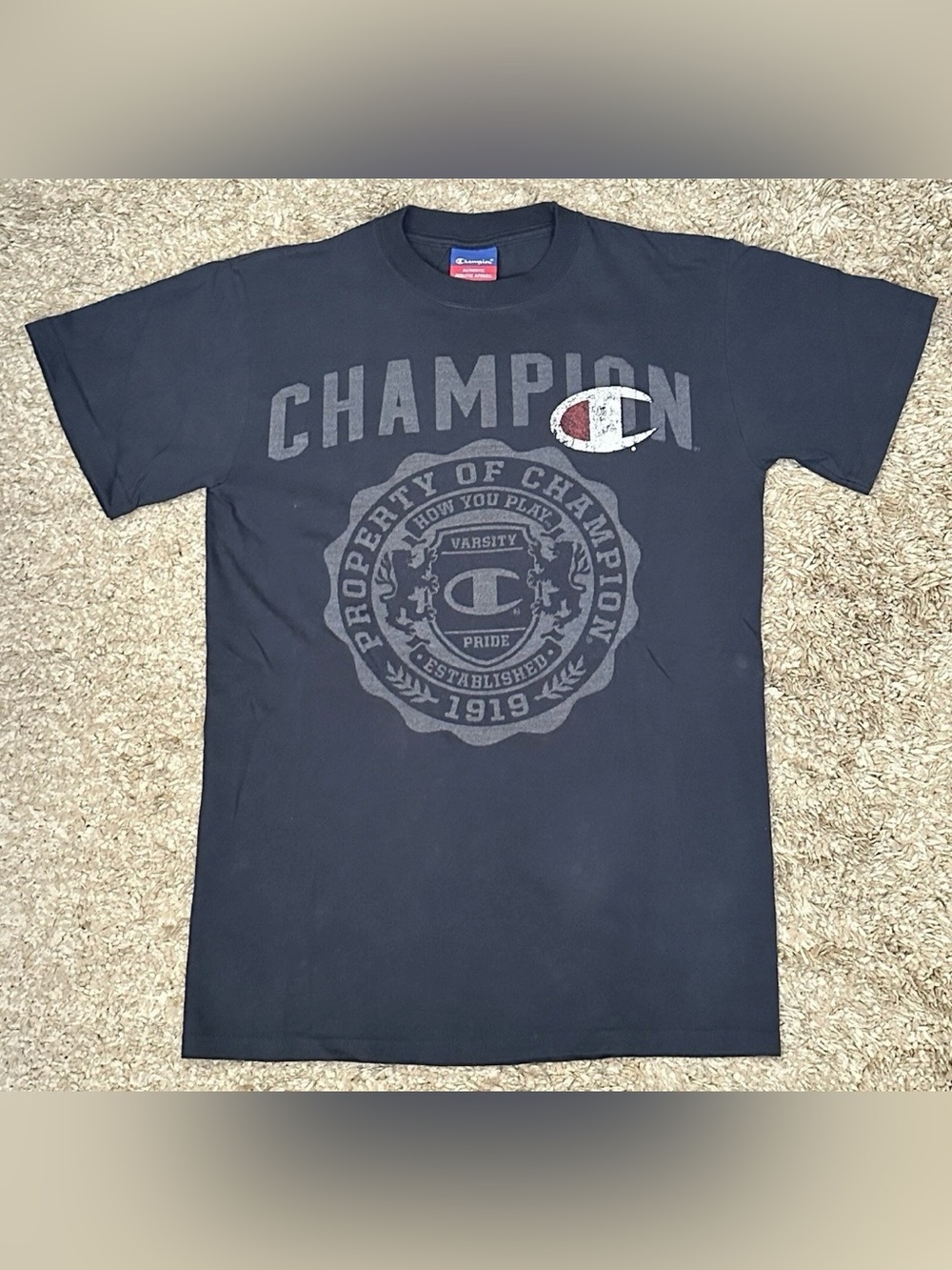 Champion Authentic Athletic Apparel Men’s S Navy Blue Graphic Logo S/S T-Shirt
